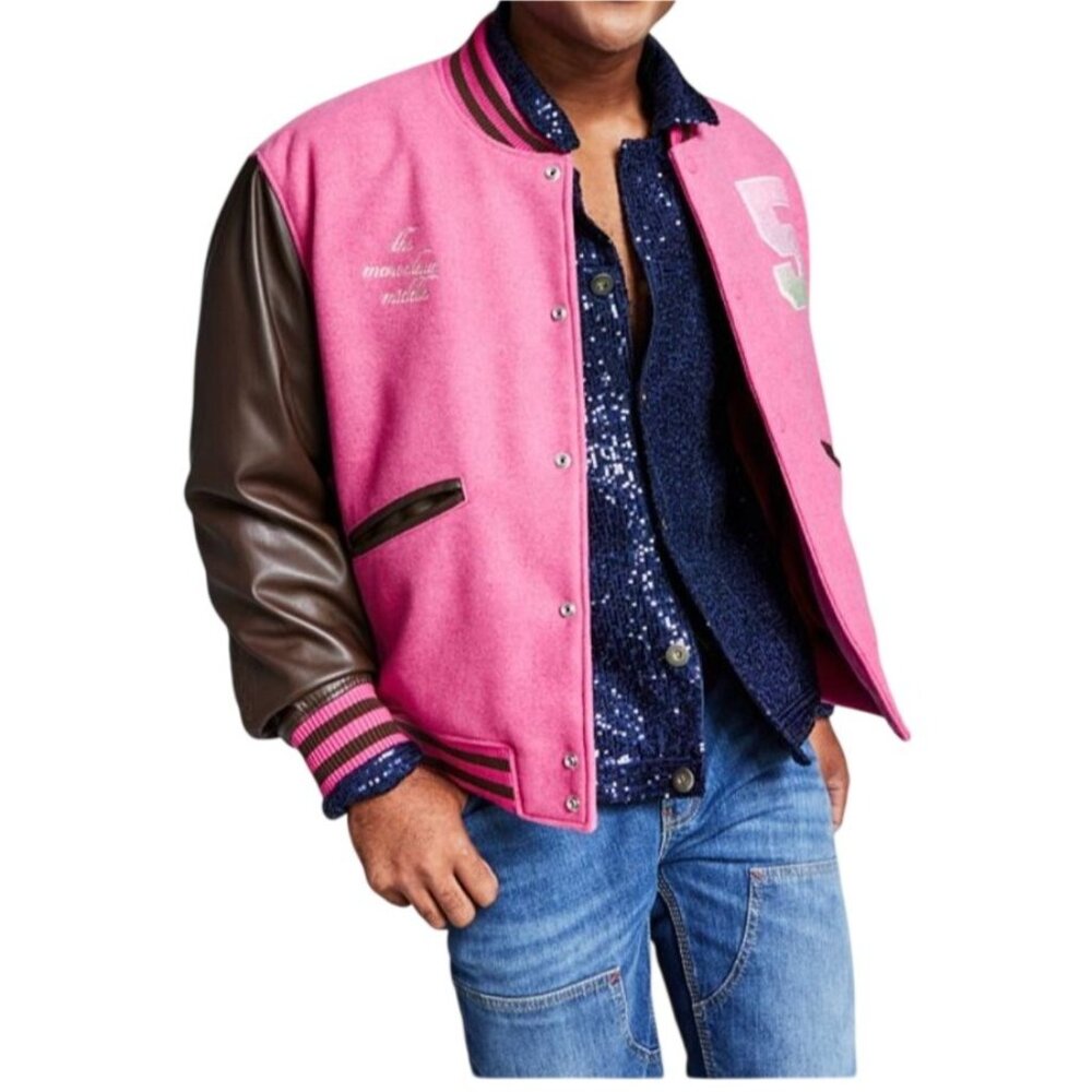 5:31 by JÉRÔME LAMAAR Men Color Block Varsity Bomber Jacket Pink Brown Size XXL